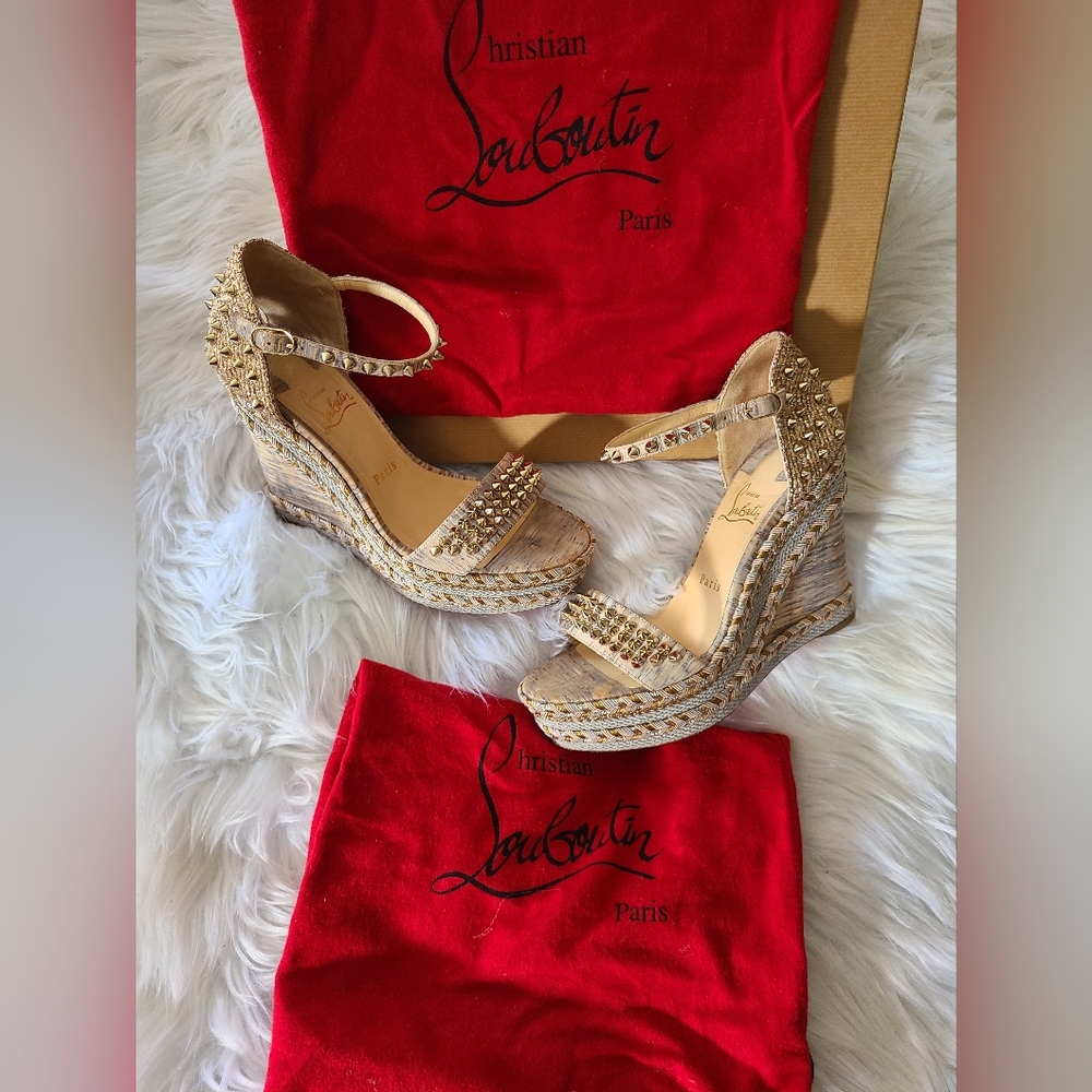 Christian Louboutin Madmonica 120mm Spiked Liege Cork Wedge Red Sole Sandals
